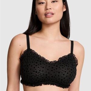 VS PINK Wink Unlined Scoop Bralette XL Flocked Mesh Star Chaser Black Ruffle EUC